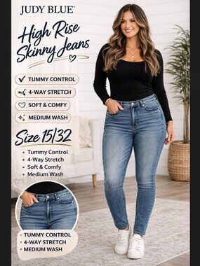 Judy Blue Skinny Jeans 15/32 32x30 XL High Rise Tummy Control Stretch Medium NWT